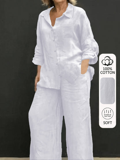 Women’s Casual Cotton Long-Sleeve Top & Wide-Leg Trousers Set