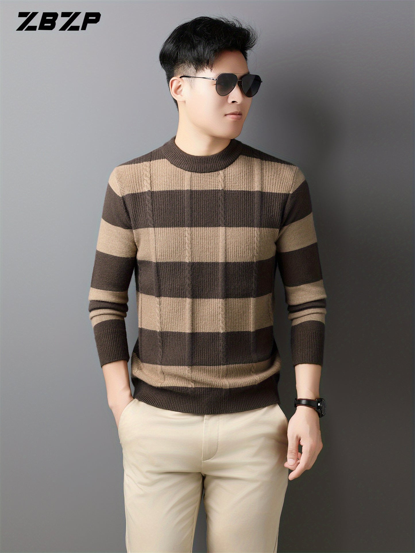 ZBZP Men'S Casual Striped Knit Sweater - Dark Gray & White Horizontal Stripes, Round Neck Long Sleeve, Regular Fit, Autumn Winter Warm Pullover for Casual Attire, Knit Sweater, Comfortable Fashion, Soft Texture, Cold Weather