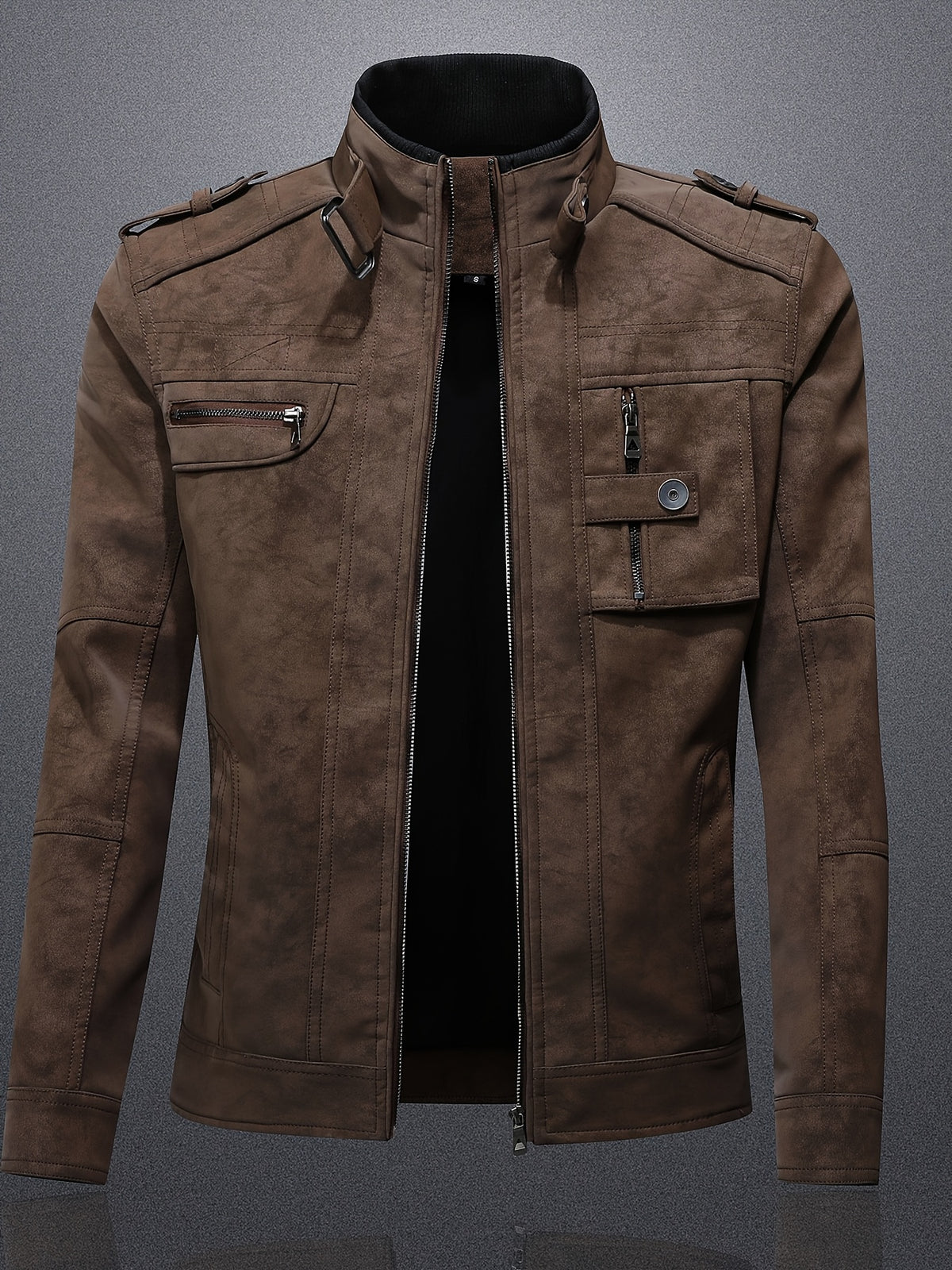 Men's Casual Light Luxury PU Jacket with Stand Collar