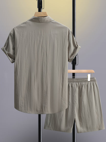 Men's Summer 2pcs Set: Casual Fashion Beige Short Sleeve Collared Shirt & Drawstring Shorts - Lightweight Blend, Ideal for Beach Vacations