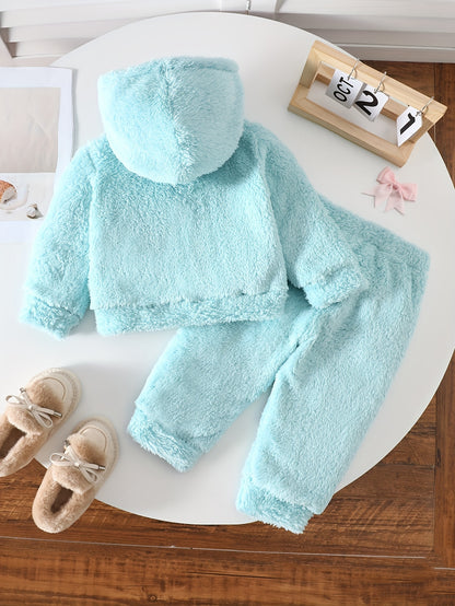 Two-Piece Cute Girls' Autumn/Winter Set: Long Sleeve Hooded Plush Butterfly Top with Pants, Perfect for Daily Outdoor Wear. Cozy Faux Fur Fabric - Essential Indoor & Winter Accessory and Holiday Gift Idea, Perfect for Outdoor