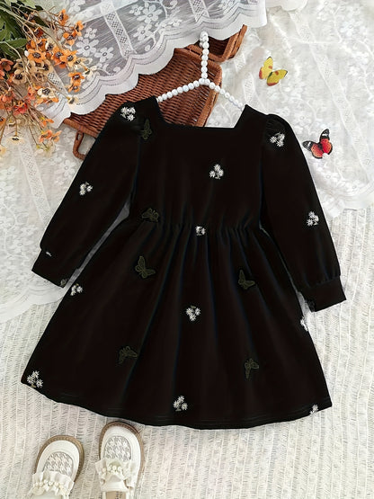 Dreamy Party Dress for Girls - Sweet 3-D Bow with Playful Embroidered Accents, Long Sleeve Spring/Fall Holiday Gathering Outfit