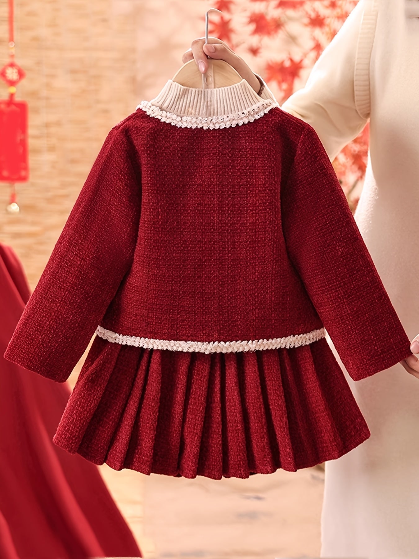 Girls' Elegant Red & Ruffled Skirt Set - Long Sleeve, Button-Up, Non-Stretch Fabric, Loose Fit, Perfect for Fall/Winter, Casual Style, Casual Attire, |elegant Girls' Set|buttonup Skirt Set, For Outdoor
