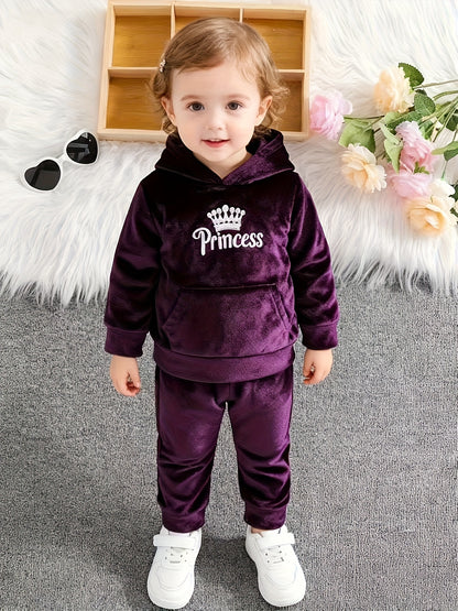 Girls' Long Pants Set, Burgundy Hooded Sweatshirt & Sweatpants, New Autumn Winter Warm Pullover Top, Fabric Two-Piece Set, Princess English Letter Embroidery with Pockets, Festive Holiday Outfit for Baby Girls, Perfect for Ou