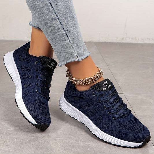 Women's Solid Color Knitted Sneakers, Lace Up Soft Sole Platform Casual Shoes, Low-top Breathable Shoes