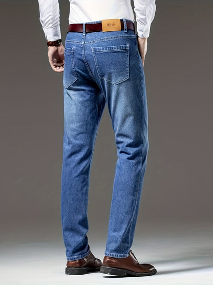 Տղամարդկանց Slim Fit Elastic Denim Jeans - Casual Business Style, Միջին գոտկատեղի, Բաց Կապույտ, Մեքենայով Լվացող, Հարթ Մակերես, Հարմար է Գարնան և Աշնանային, Գարուն և Աշնանային Հագուստ | Slim Fit Jeans | Ձգվող ջինսե