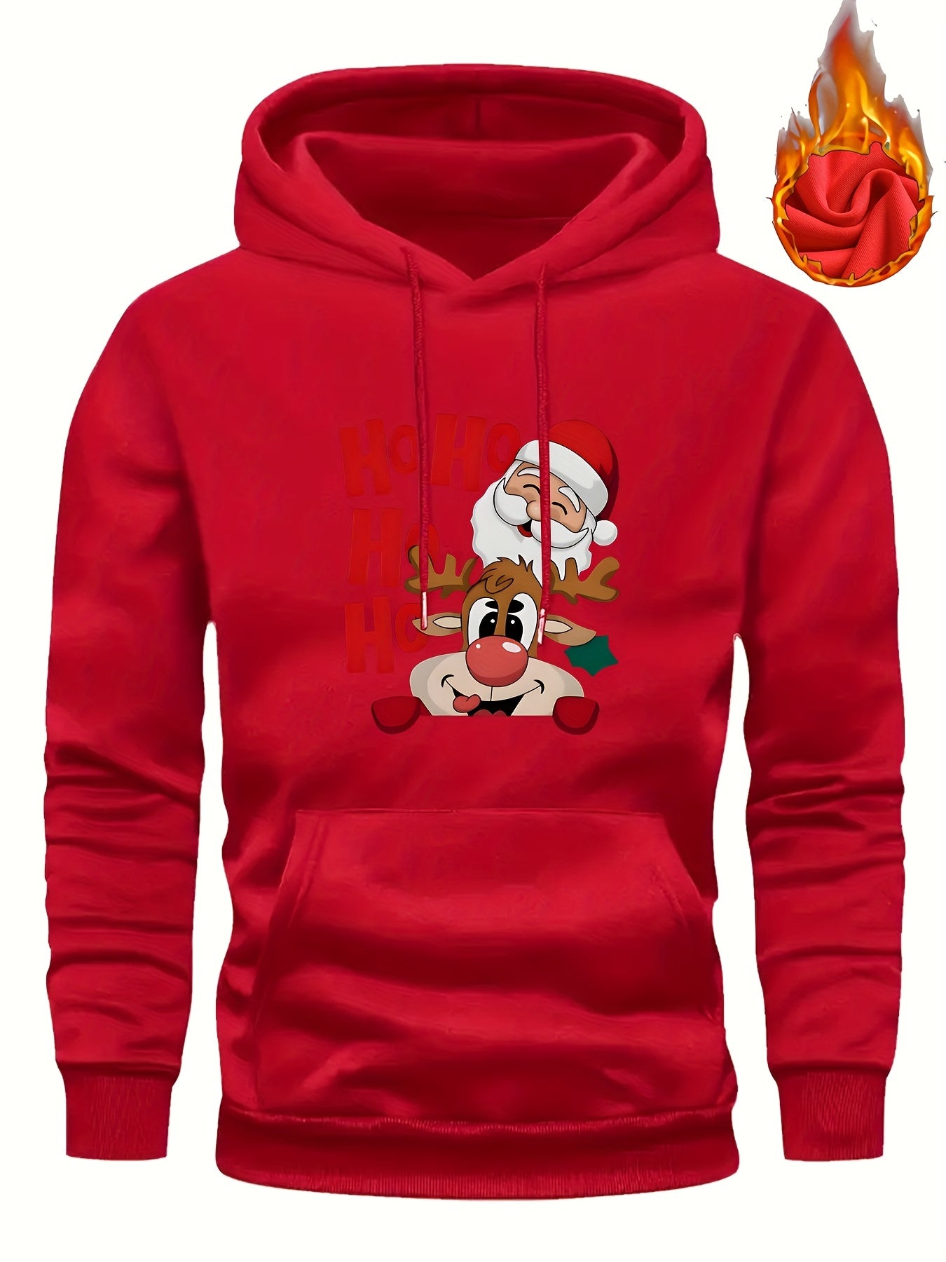 Men's Christmas Hooded Sweatshirt with Rudolph & Santa Print - Thickened Winter Pullover Hoodie, Warm Long Sleeve Casual Sweater for Skiing, Parties, Team Events - Machine Washable (Couple Matching, Unisex Style)