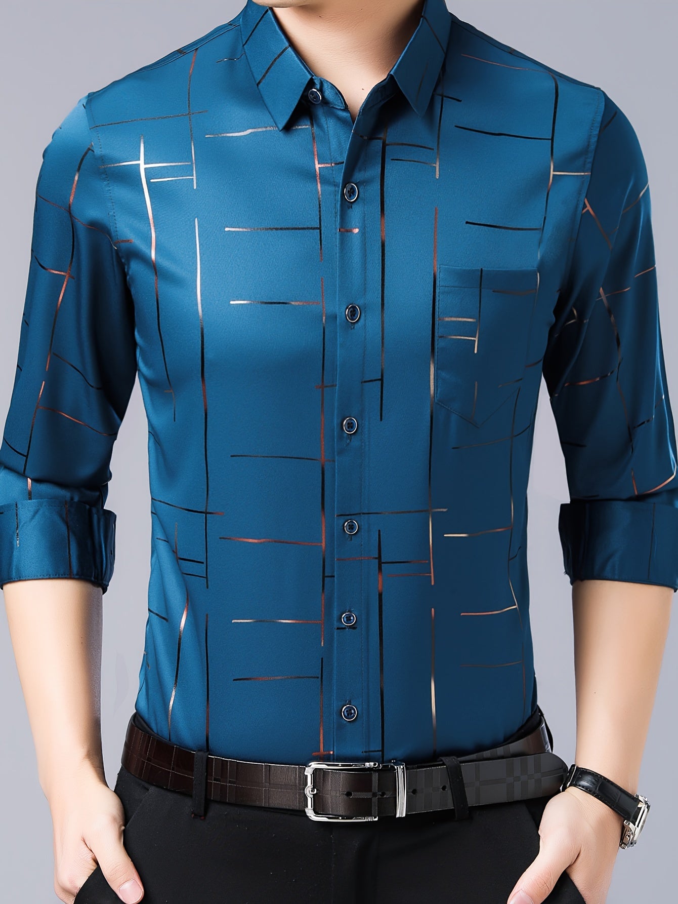 Elegant Men's Maroon Striped Long Sleeve Dress Shirt - Sophisticated Black & Golden Print, Breathable Polyester, Casual Comfort Fit with Classic Collar and Button-Up Front for Casual Attire
