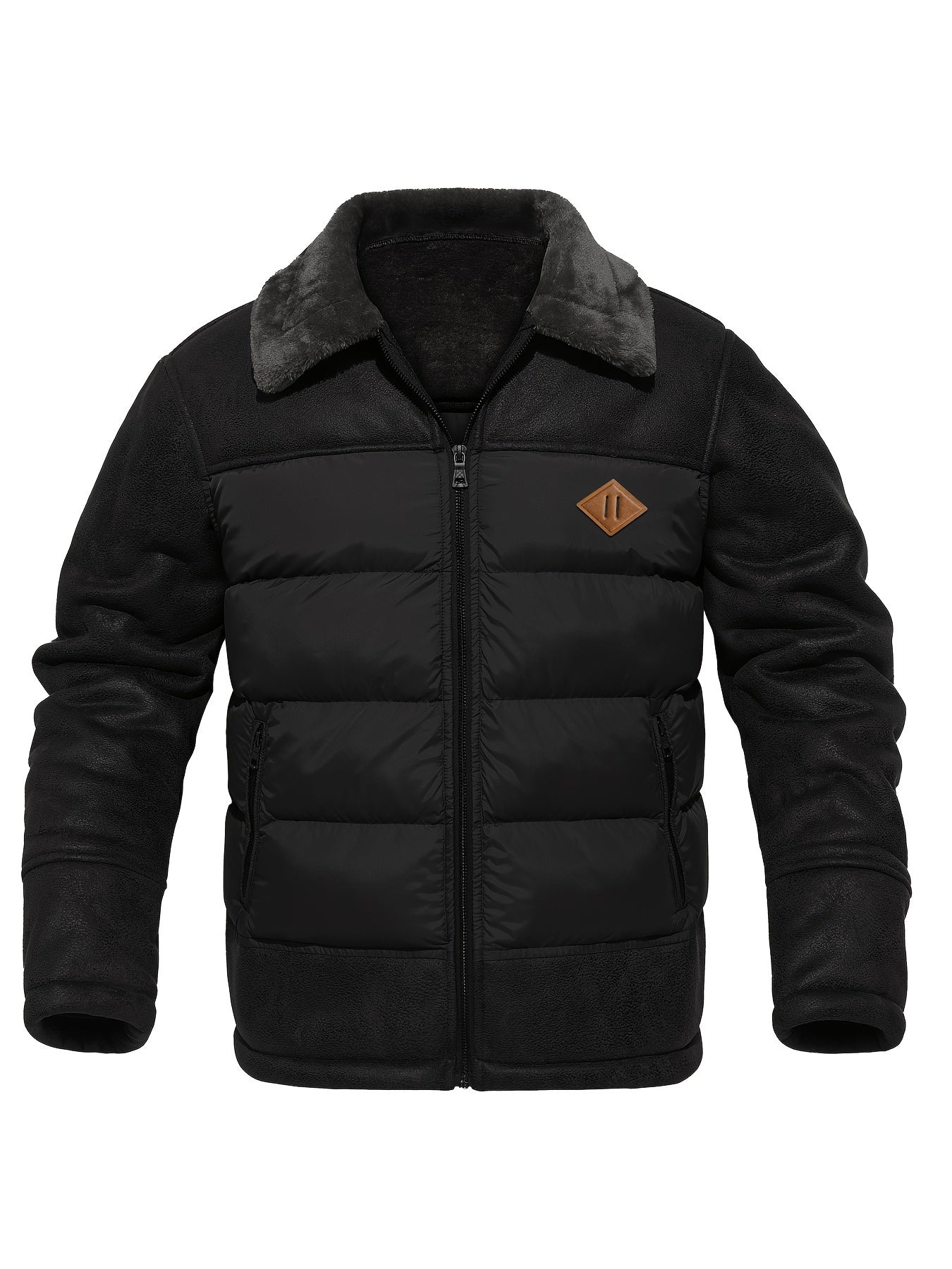 Տղամարդու առօրյա բաճկոն՝ արհեստական ​​մորթուց օձիքով, 100% պոլիեսթեր, միագույն, երկար թևքերով, կայծակաճարմանդով, սովորական չափսերով, գործվածքով, 60 գ/մ² աստառով արշավային բաճկոն