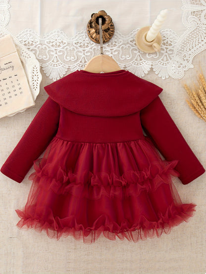 ZOSEYIES Girls' Elegant Red Princess Party Dress with Ruffled Hem & Puff Sleeves - Long Sleeve Winter Formal Outfit, A-Line Skirt with Ruffled Trim, Soft Non-Stretch Fabric for Christmas, New Year's, Birthday & Casual Attire