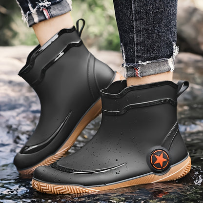 Men's Slip-On Rubber Rain Boots with Thick Sole - Mid-Calf