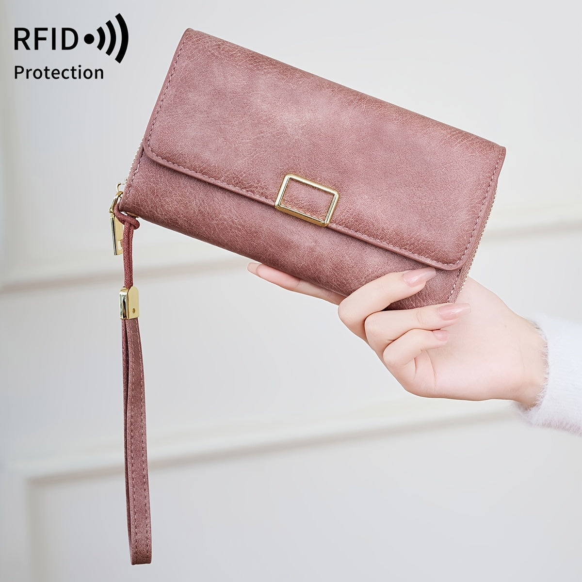 MIYIN Women's Vintage RFID Blocking Large Capacity Wallet with Wrist Strap - Tri-Fold  Handbag, Zipper Pocket & ID Slot, Multi-Card Holder (Credit/Debit) - Solid for Professional & Everyday Use
