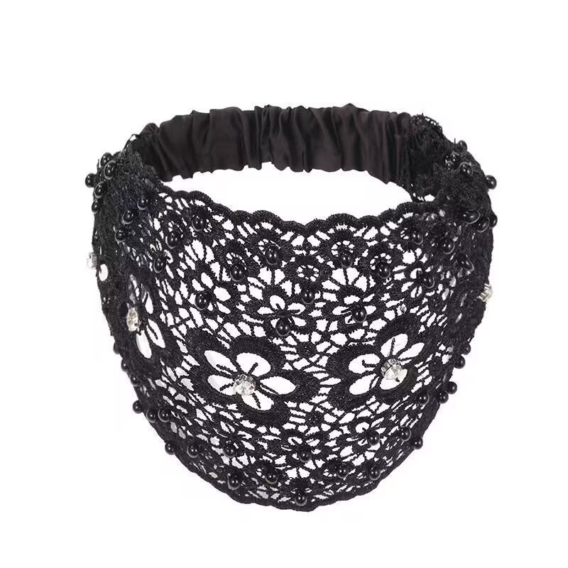 Boho Wide Lace Headband with Breathable Beaded Design