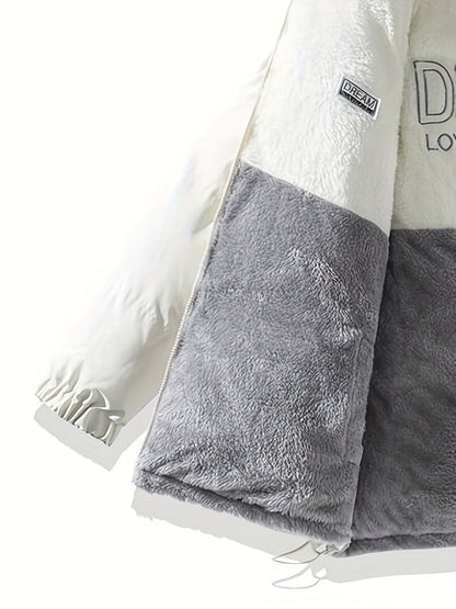 Տղամարդու երկկողմանի բրդյա ծածկույթով հաստ բաճկոն՝ առօրյա կանգնած օձիքով՝ տառերի տպագրությամբ, սովորական չափսերով, գրպաններով, պոլիեսթերային լցոնով, բազմակողմանի աշուն/ձմեռ համար, ձմեռային բաճկոն