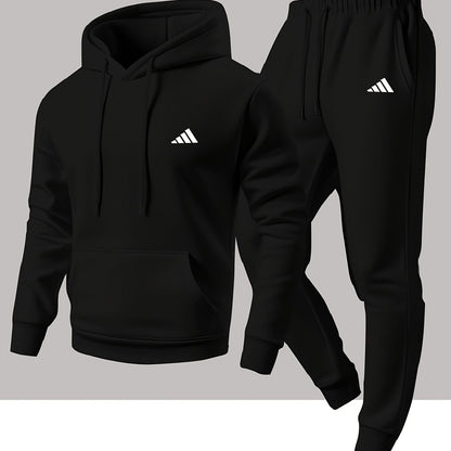 Men'S Trendy And Minimalist Triangular Striped Logo Hoodie And Sweatpants Set for Spring And Autumn, Featuring a Loose And Comfortable Design Suitable for Sports And Leisure, Machine Washable