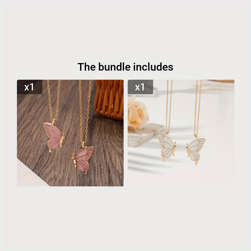2pc Pink Color Butterfly Pendant Necklace Adjustable Zinc Alloy Neck Chain Jewelry For Couples