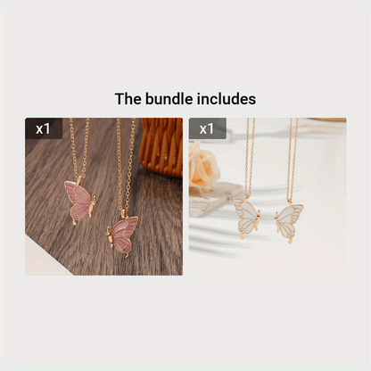 2pc Pink Color Butterfly Pendant Necklace Adjustable Zinc Alloy Neck Chain Jewelry For Couples