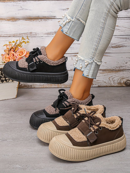 Women's Winter Plush Fleece-Lined Thermal Shoes - Upper & Rubber Sole Low-Top Ankle Boots with Faux Fur Collar, Brown/Beige/ Traction Tread for Cold Weather, Casual & Semi-Formal Outfits - Cozy Warm Winter Boots with Fleece L