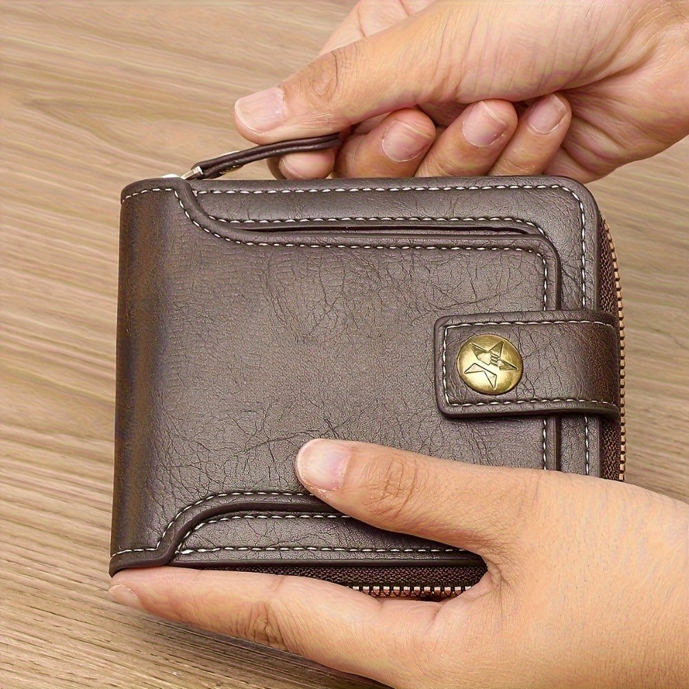 Stylish Men'S Faux Leather Wallet Featuring a Tree Motif, Compact Design with a Zipper for Credit Cards And Coins.