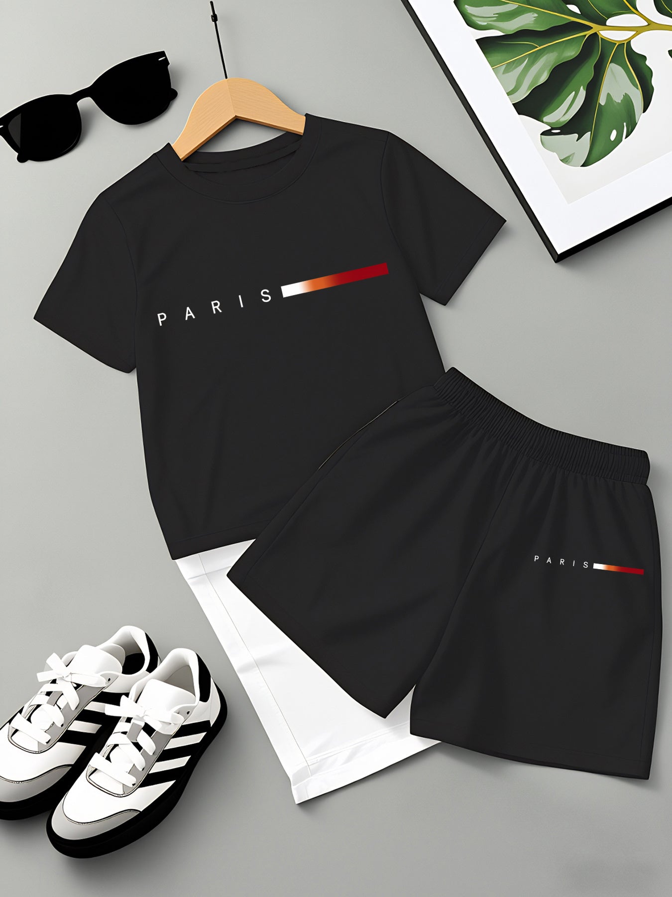 Boys' Summer Casual Striped T-Shirt & Shorts Set, Lightweight Polyeste