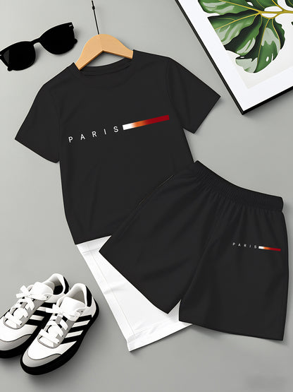 Boys' Summer Casual Striped T-Shirt & Shorts Set, Lightweight Polyeste