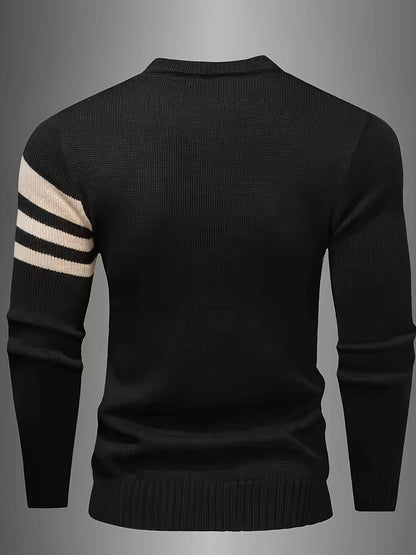 Men's Brown & Striped Sweater - Soft Round Neck Cable-Knit Winter Sweater with White Piping, Machine Washable Casual Pullover for Fall & Winter, Brown/Beige Horizontal Stripes, Ribbed Cuffs & Hem, Stylish Men's Sweater for Ev