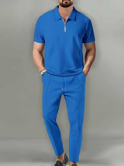 Men's Waffle Knit Quarter-Zip Polo & Drawstring Pants Set