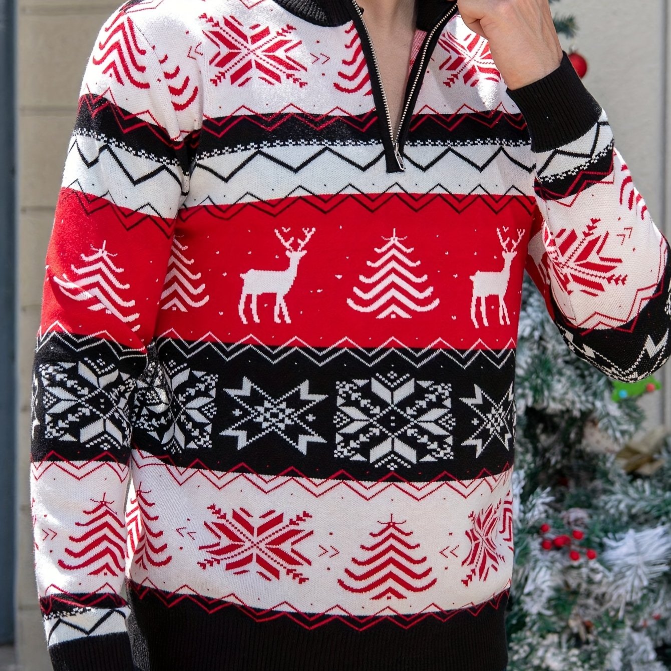 Men's Winter Weight Slim-Fit Zippered Sweater Jacket - Black/White/Red/Green Reindeer & Snowflake Pattern Collar, Machine Washable Half-Zip Coat for Christmas Parties, Casual & Formal Events ( Collar)