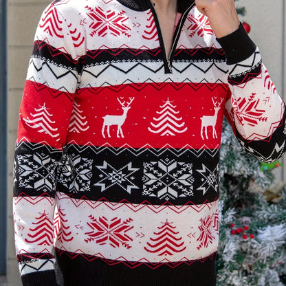 Men's Winter Weight Slim-Fit Zippered Sweater Jacket - Black/White/Red/Green Reindeer & Snowflake Pattern Collar, Machine Washable Half-Zip Coat for Christmas Parties, Casual & Formal Events ( Collar)