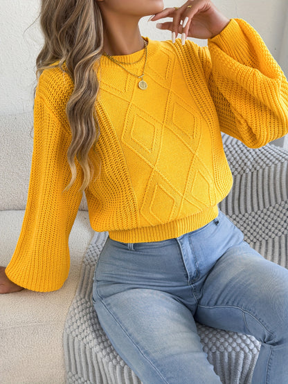 Women's Fall/Winter Crew Neck Diamond Knit Sweater with Lantern Sleeve