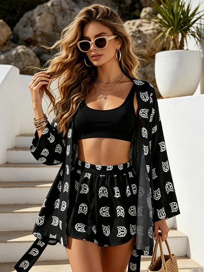 Women's Summer Vacation Two-Piece Cardigan & Shorts Set