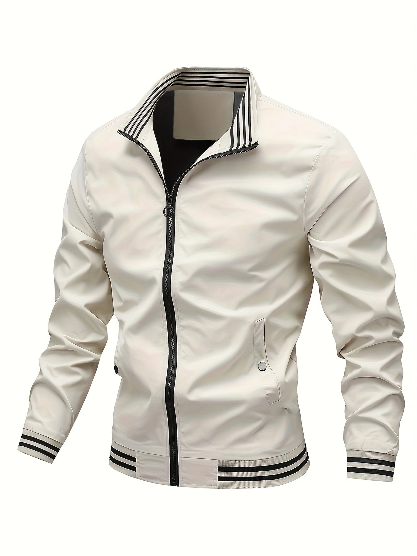 Men's Stand Collar Long Sleeve Zip Up Sports Jacket With Contrast Trim Design, Men's Spring Fall Outwear, As Gifts