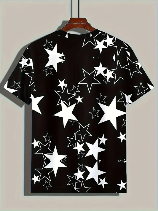 Men's Allover Color Blocking Stars Pattern Short Sleeve Crew Neck T-shirt For Summer, Casual Stylish Tee As Gift