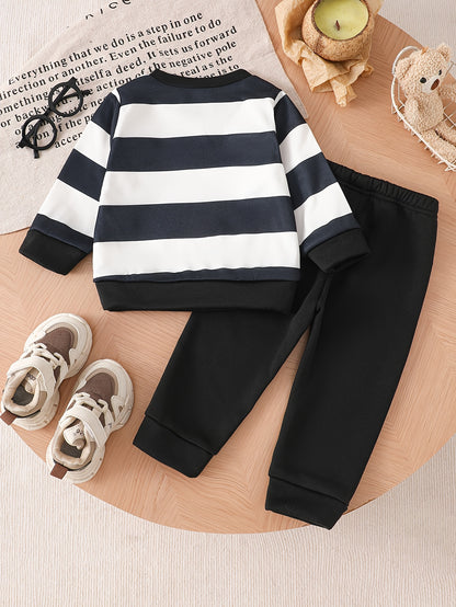 Baby Boy Fall Winter Striped Velvet Sweatshirt and Pants Set