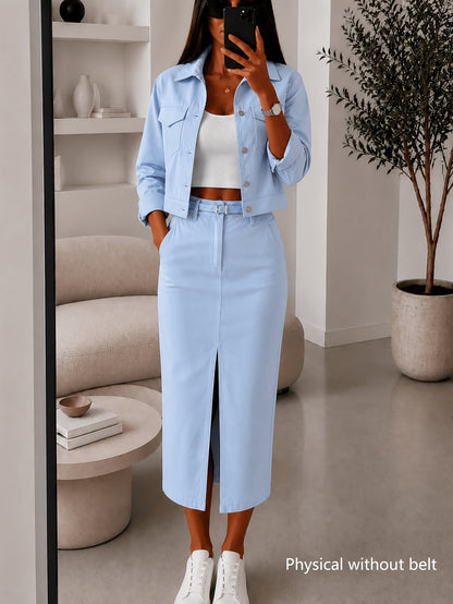 Women’s Casual Two-Piece Set: Midi Skirt & Short Jacket - ayq