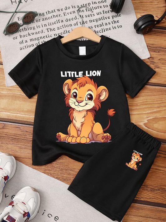 Boys' Lion Print Tee & Shorts Set - Casual Spring Summer Outfit - ayq