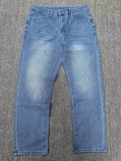 Men's Slim Fit Blue Jeans - All-Season, Non-Stretch Denim, Mid-Rise, Zip Closure, Casual Streetwear Style, Machine Washable, Yearround Wear|Sleek Jeans|Glossy Finish