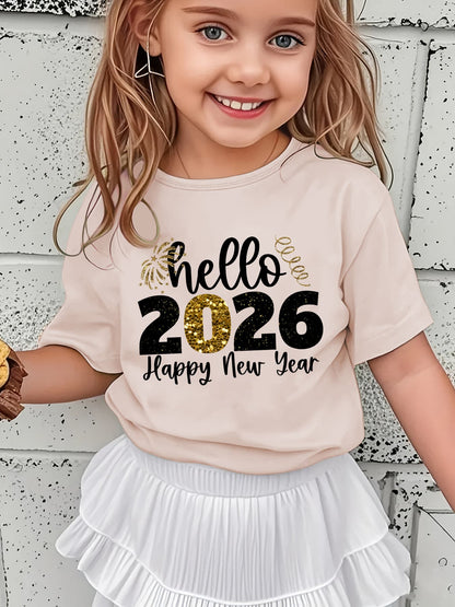Girls' 2026 New Year T-Shirt - Hello 2026 Happy New Year Graphic Tee with Golden Number 2026, Heart, & Golden Lettering - Lightweight Summer Top for Birthday Party, Girls Clothes