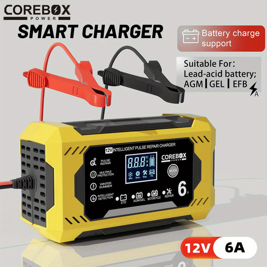 COREBOX EU Plug 12V 6A Smart Battery Trickle Charger 12V Battery Maintainer Battery Charger LCD Display for Car Truck Motorcycle Lawn Mower Ծովային կապարի թթվային լիցքավորում, առանց մարտկոցի