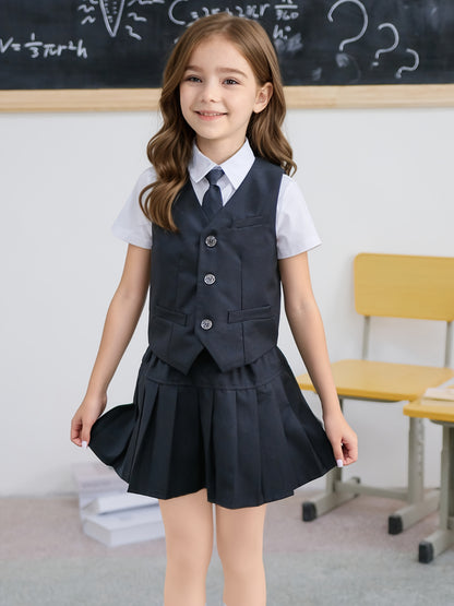 Girls' Preppy School Uniform Vest Suit Set with Skirt and Tie