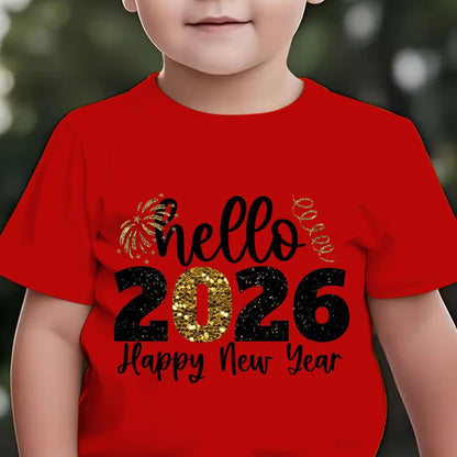 Boys' 2026 New Year'S Eve Party T-Shirt - Hello 2026 Happy New Year Fireworks Print with Golden & Lettering - Lightweight Summer Tee for Birthday Party Outfit, New Year'S Eve Celebration - Easy-care Kids Shirt, New Year T Shi