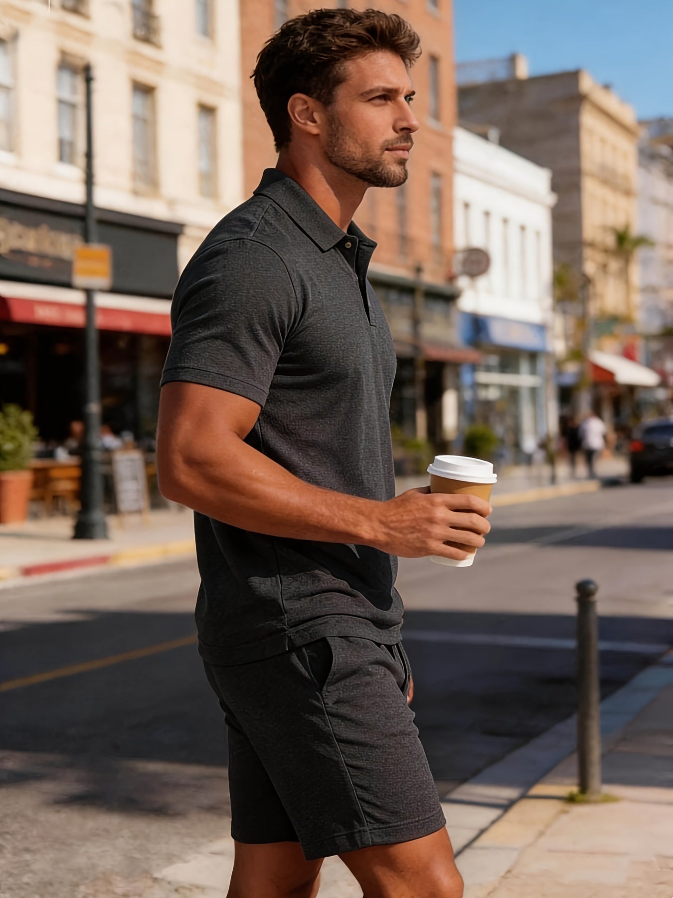 Men’s Summer Casual Golf Shirt and Solid Waist Shorts Set