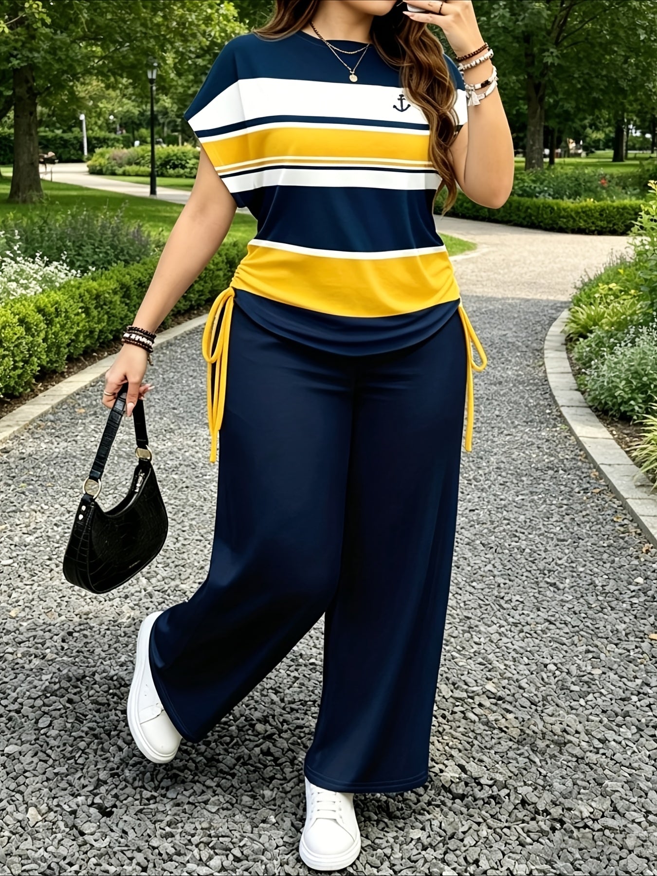 Women's Casual Two-Piece Set with Striped Bow Drawstring
