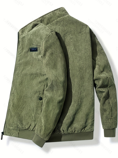 Men's Corduroy Jacket Olive Green - Retro Loose-Fit Full-Zip Winter Coat with Stand Collar & Zippered Pockets, Machine Washable Corduroy Outer (No) for Casual & Formal Wear - Autumn/Winter Outerwear, Womens Coats And Jackets,