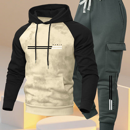 A New Trendy Color-Blocked Hoodie with Raglan Sleeves And Loose-Fitting Cargo Pants Featuring Multiple Pockets, Perfect for Casual Everyday Wear. This Breathable Hoodie And Loose Long Pants Set Comes in a Two-Piece Print Desi