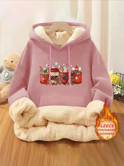 1pc Women's Thick-Lined Hooded Sweatshirt with Gingerbread for Man in Santa Hat & Candy Cane Print - Cozy Plush Lined, Soft Polyester Warm Pullover for Fall/Winter, Machine Washable Casual Outerwear, Cold Weather Wear, Minima