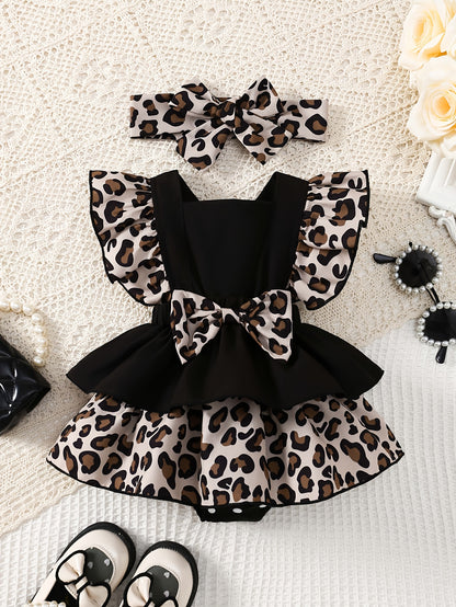 2pcs Set for Newborn Girls, Cute Leopard Print Ruffle Dress with Elastic Waist and Bowknot, Matching Headband, 100% Polyester Woven, Regular Fit, for Outdoor