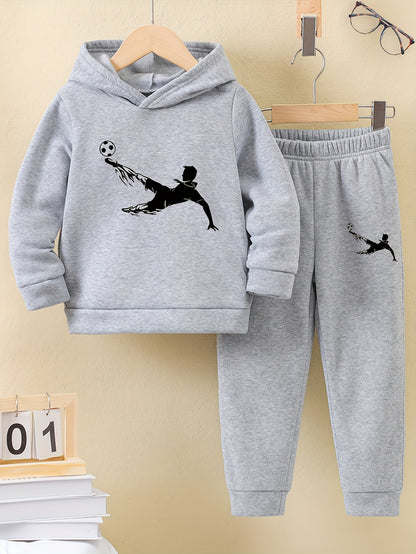 Autumn and Winter Fashion New 'asual Sporty Style Football Print Fleece-Lined Hoodie and Sweatpants Set, Suitable for Outdoor Activities, Casual Wear, Sports Apparel, Trendy Sportswear, Sporty Design, Warm Fabric, Soft Textur