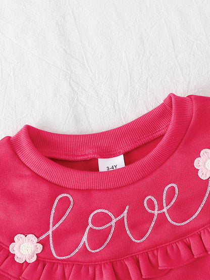 2pcs Soft Comfortable Girls' Outfit, New Year Christmas Valentine'S Day Set with Solid Color Long Sleeve Top + Elastic Waist Pants, LOVE Letter Embroidery Pattern, for Outdoor, Party, Birthday, Casual Wear, Party Attire, Eleg