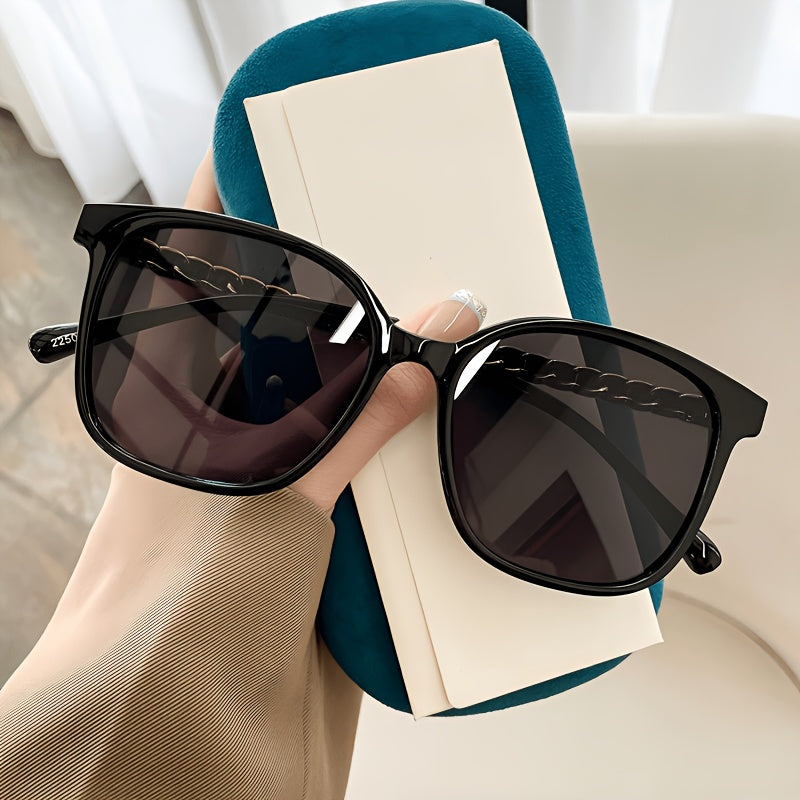 Women's Large Black Frame Sunglasses with Gold Woven Temples